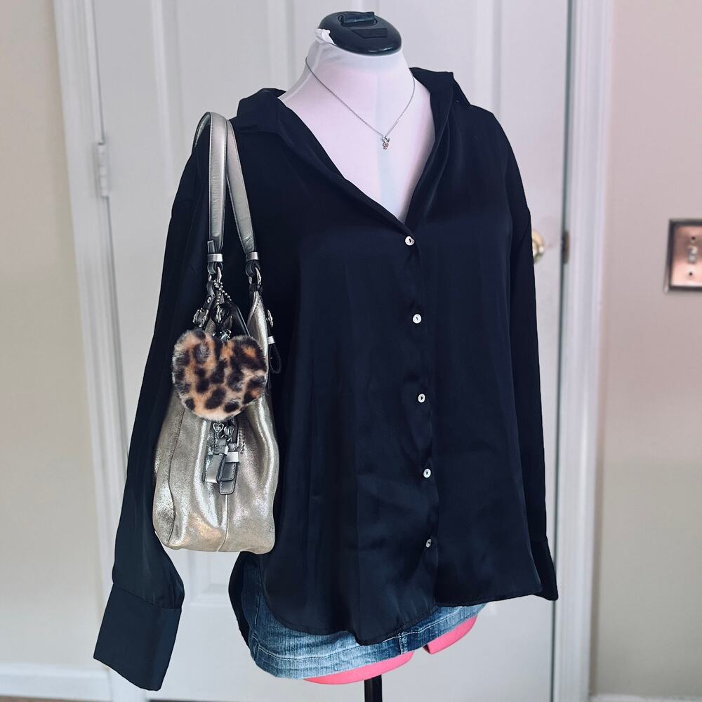 Zara | Black Relaxed Fit Satin Button Down Shirt | Womens XL